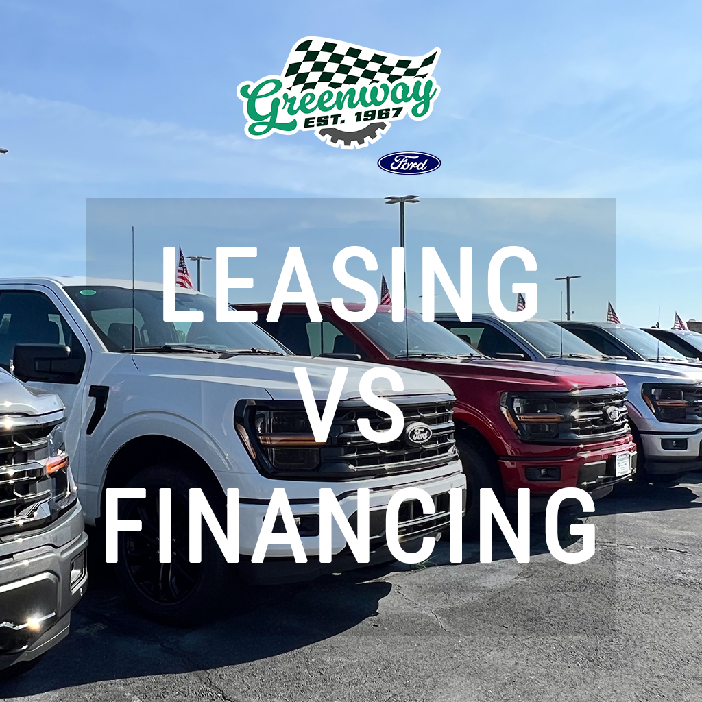 Ford trucks lined up at Greenway Ford in Morris IL with text ‘Leasing vs Financing’ for blog about choosing between leasing and financing a new Ford.